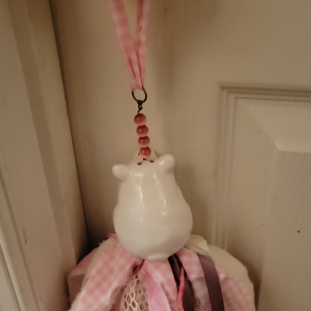 Hand Crafted Pink and Cream Fabric Tassel with Ceramic Bird - Picture 5 of 7